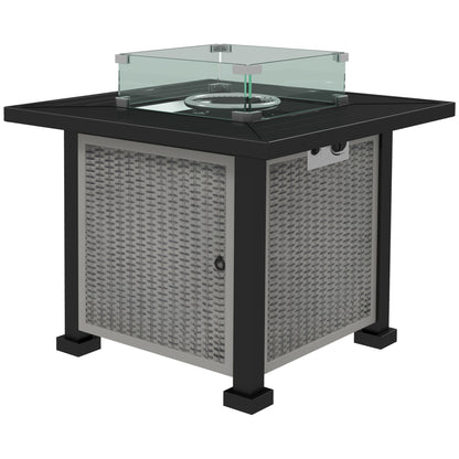 Outsunny Square Gas Fire Pit Table, Rattan Smokeless Fire Pit with Glass Screen and Beads, Lid, 50000 BTU, 81x81x64cm, Grey