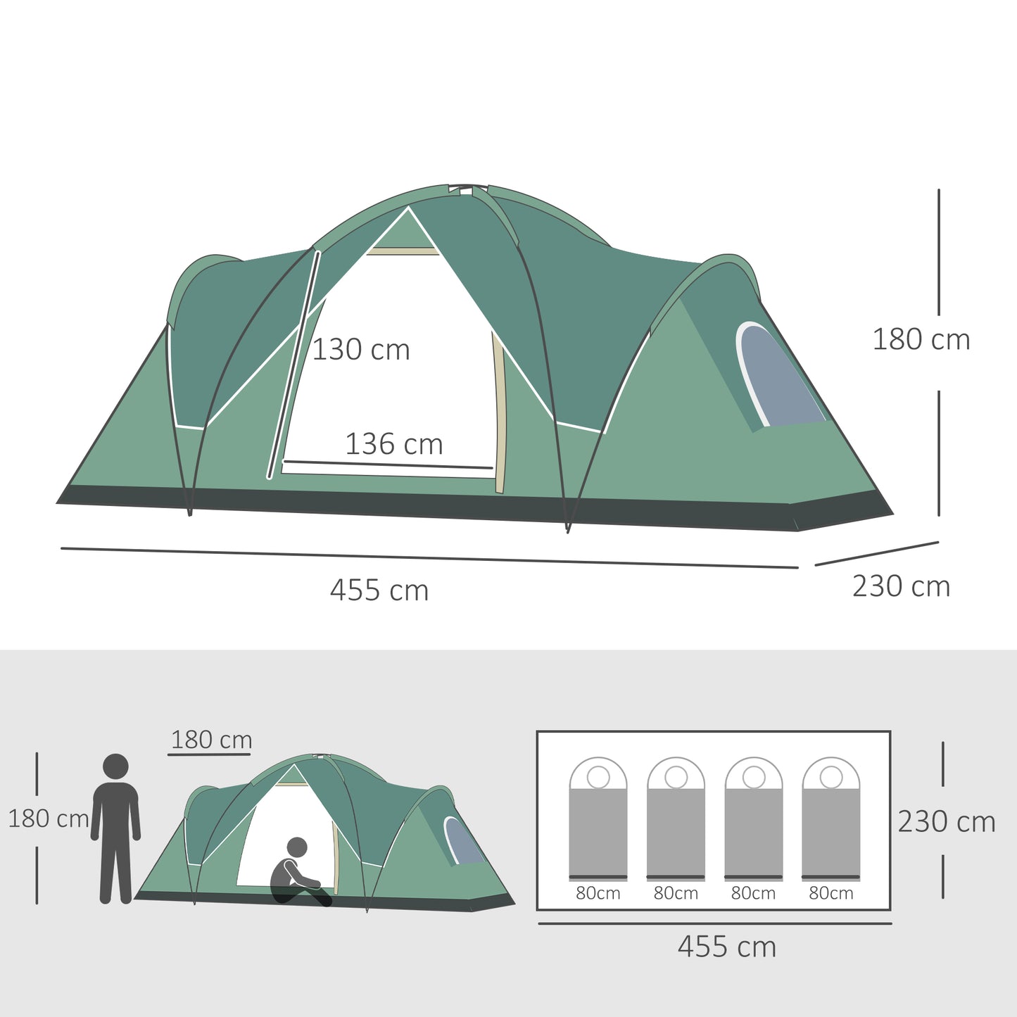 Outsunny 5-6 Man Dome Camping Tent Hiking Shelter UV Protection 3000mm Water Resistant Tunnel Tent - Dark Green