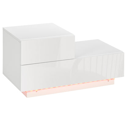 High Gloss Front Bedside Cabinets with Drawers, Nightstand with RGB LED Light and Remote for Bedroom Living Room White