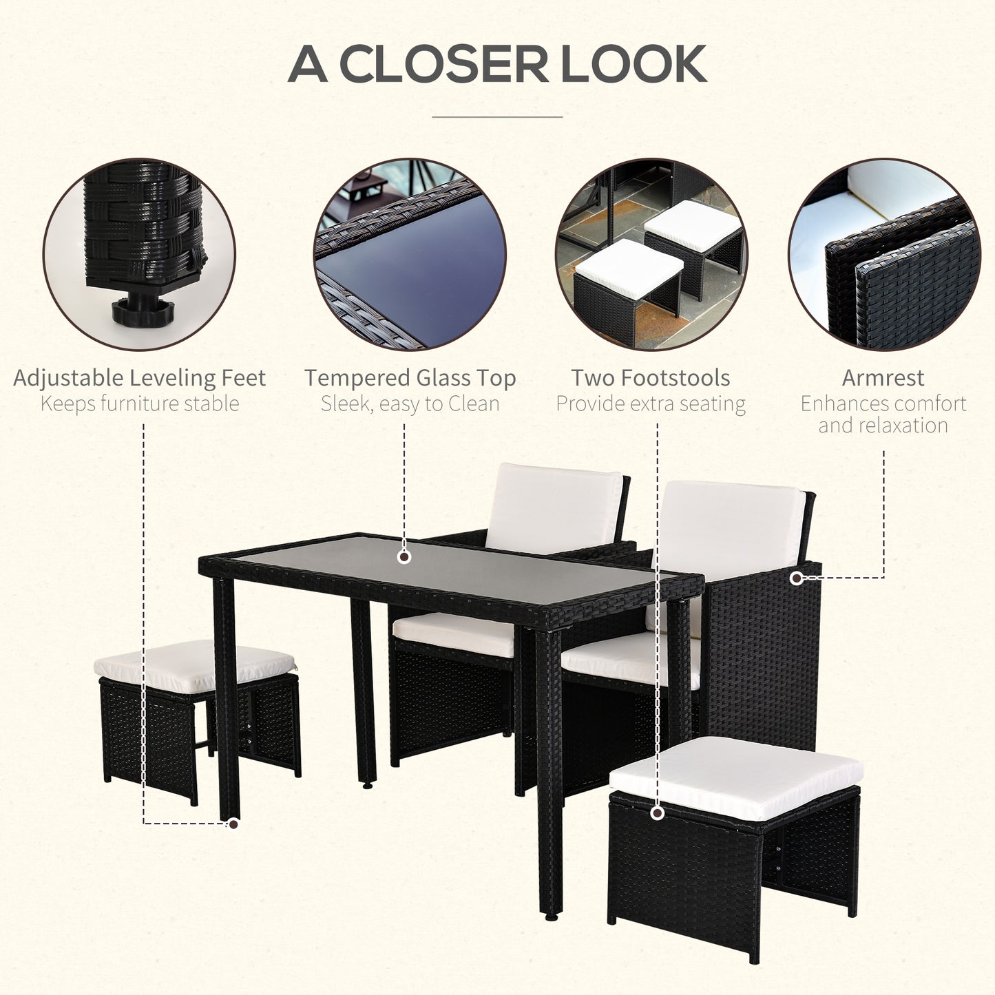 Outsunny 4-Seater Rattan Garden Furniture Space-saving Wicker Weave Sofa Set Conservatory Dining Table Table Chair Footrest Cushioned Black