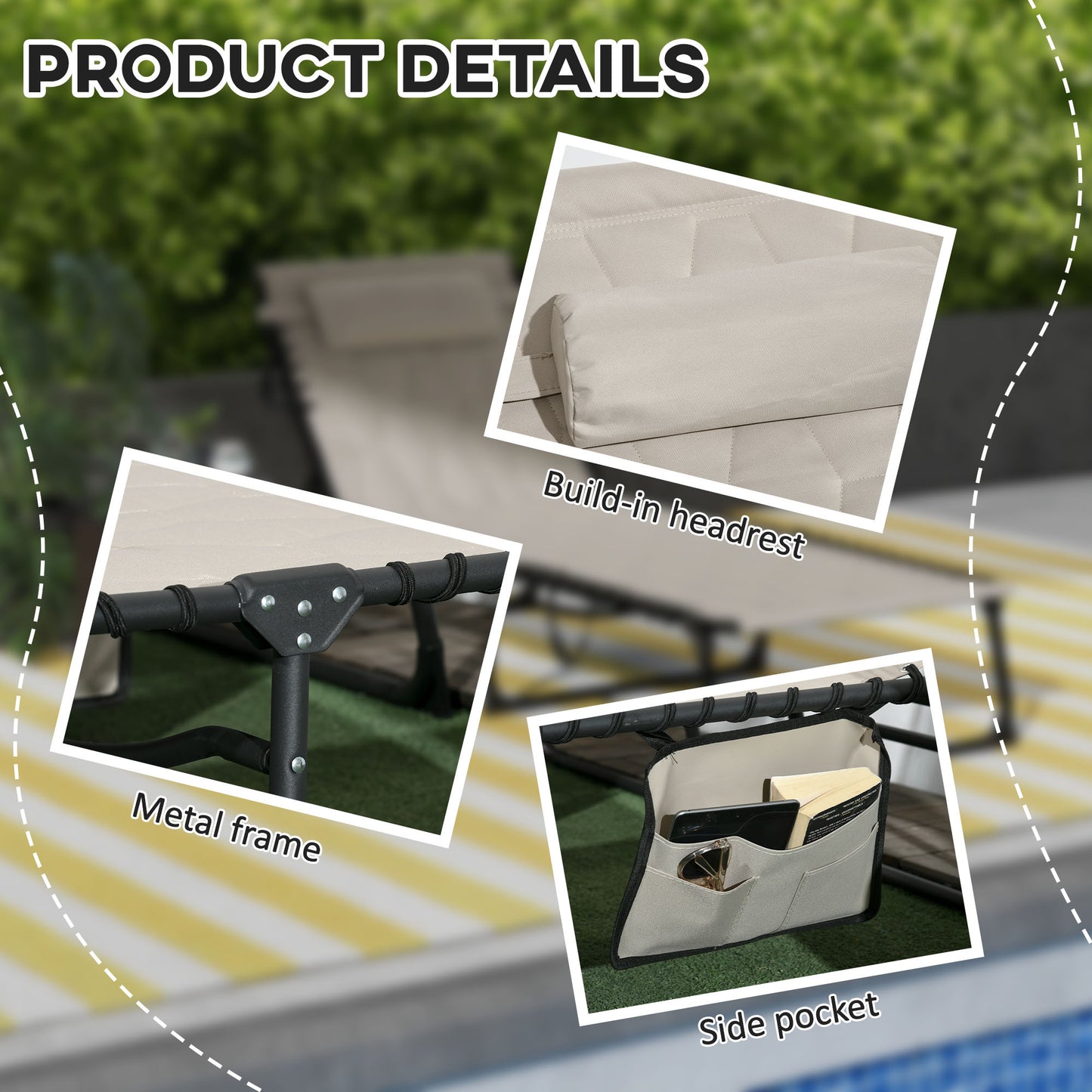 Outsunny Foldable Sun Lounger Set With 5-level Reclining Back, Outdoor Tanning Chair With Build-in Padded Seat, Side Pocket, Headrest - Khaki