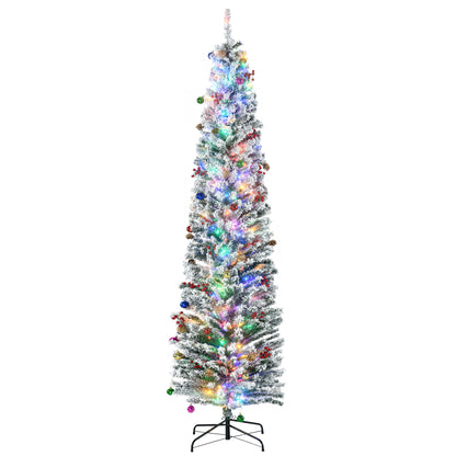 7.5' Artificial Prelit Christmas Trees Holiday Décor with Warm White LED Lights, Flocked Tips, Berry, Pine Cone