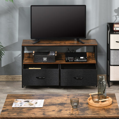 TV Cabinet Console Unit With 2 Foldable Linen Drawers, TV Stand With Shelving For Living Room, Entertainment Room, Rustic Brown