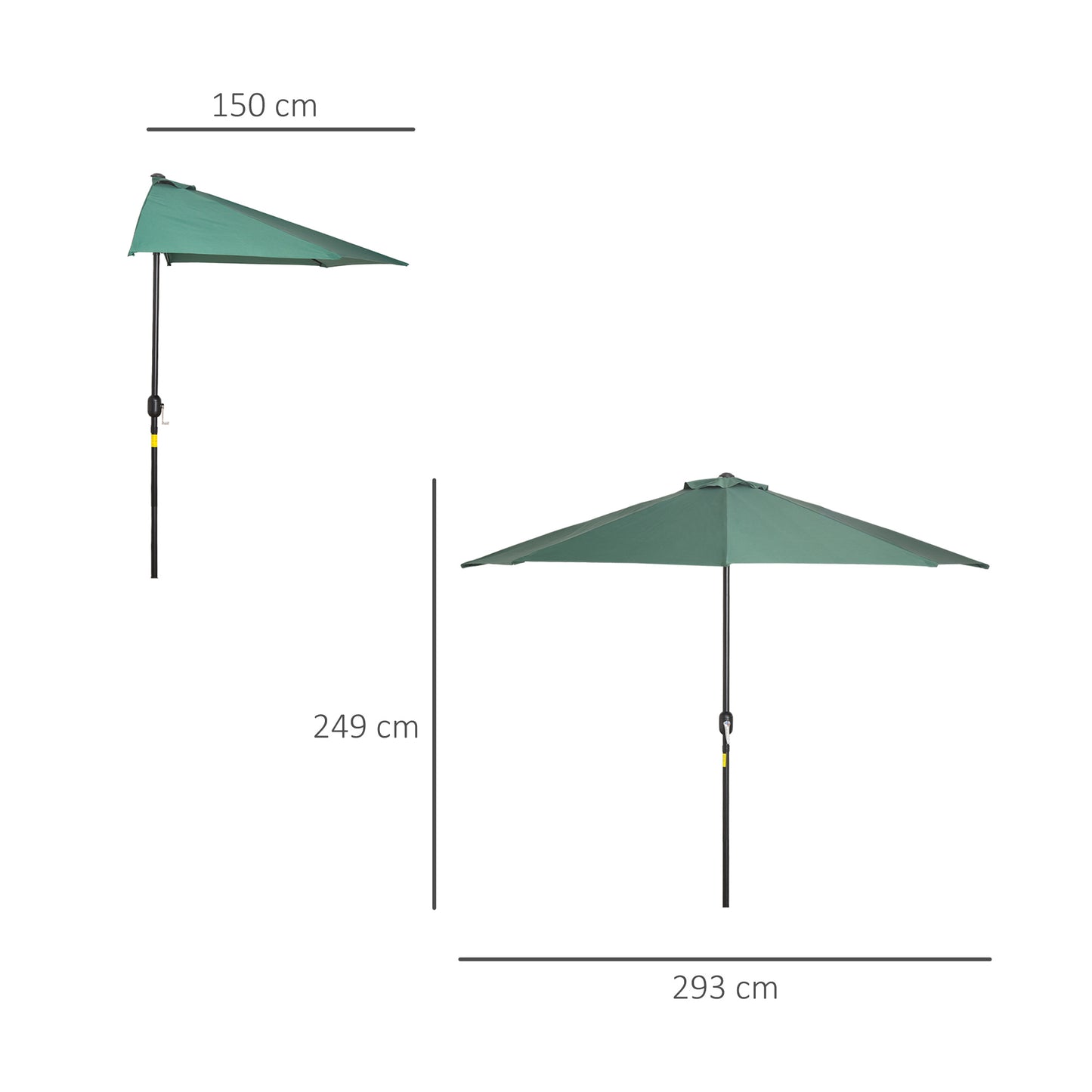 Outsunny 3(m) Half Parasol Semi Round Umbrella Patio Metal Frame Crank Handle for Balcony-- NO BASE INCLUDED, Green