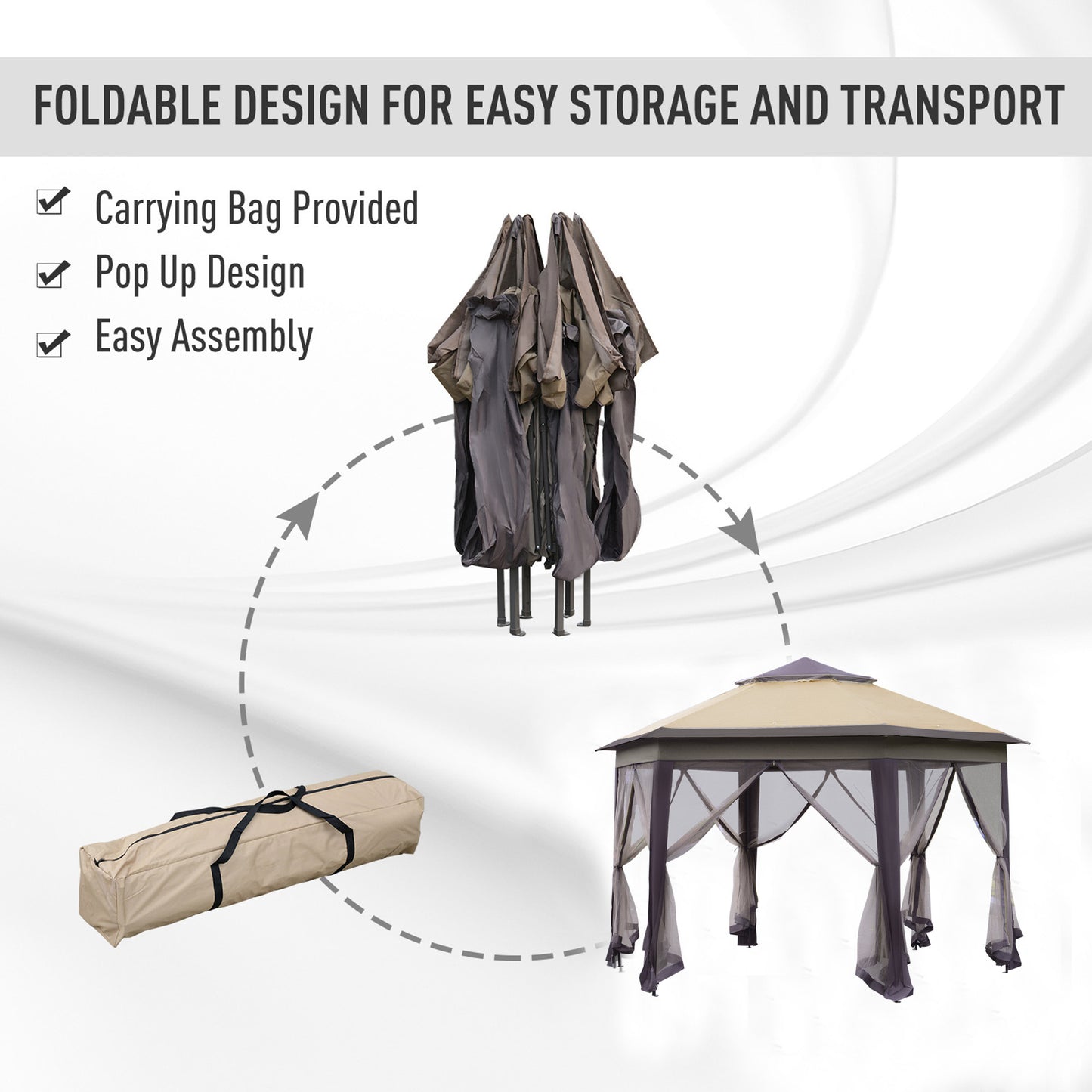 Outsunny Hexagon Patio Gazebo Pop Up Gazebo Outdoor Double Roof Instant Shelter with Netting, 4m x 4m, Beige