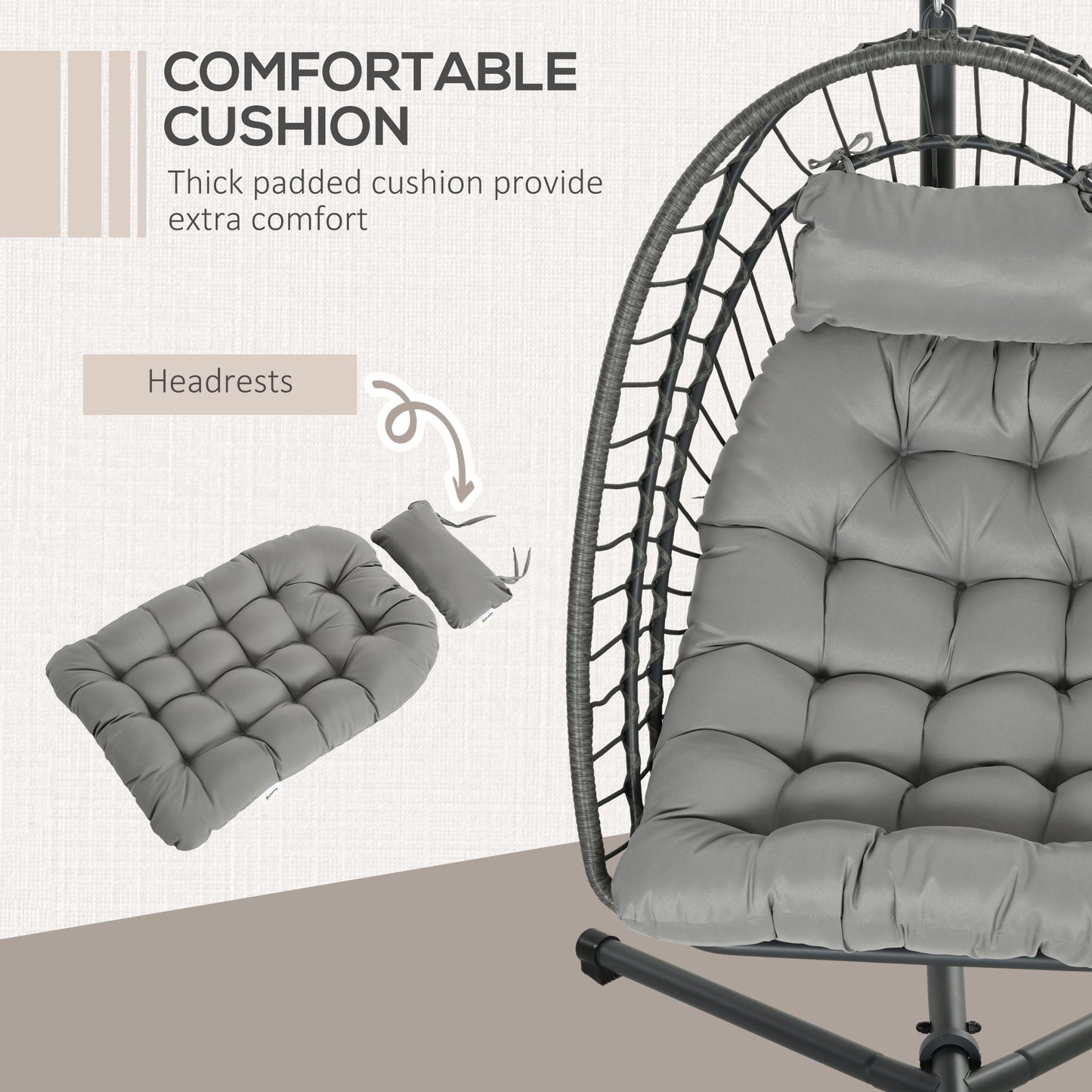 Outsunny Outdoor PE Rattan Swing Chair With Thick Padded Cushion, Foldable Basket Patio Hanging With Metal Stand - Light Grey