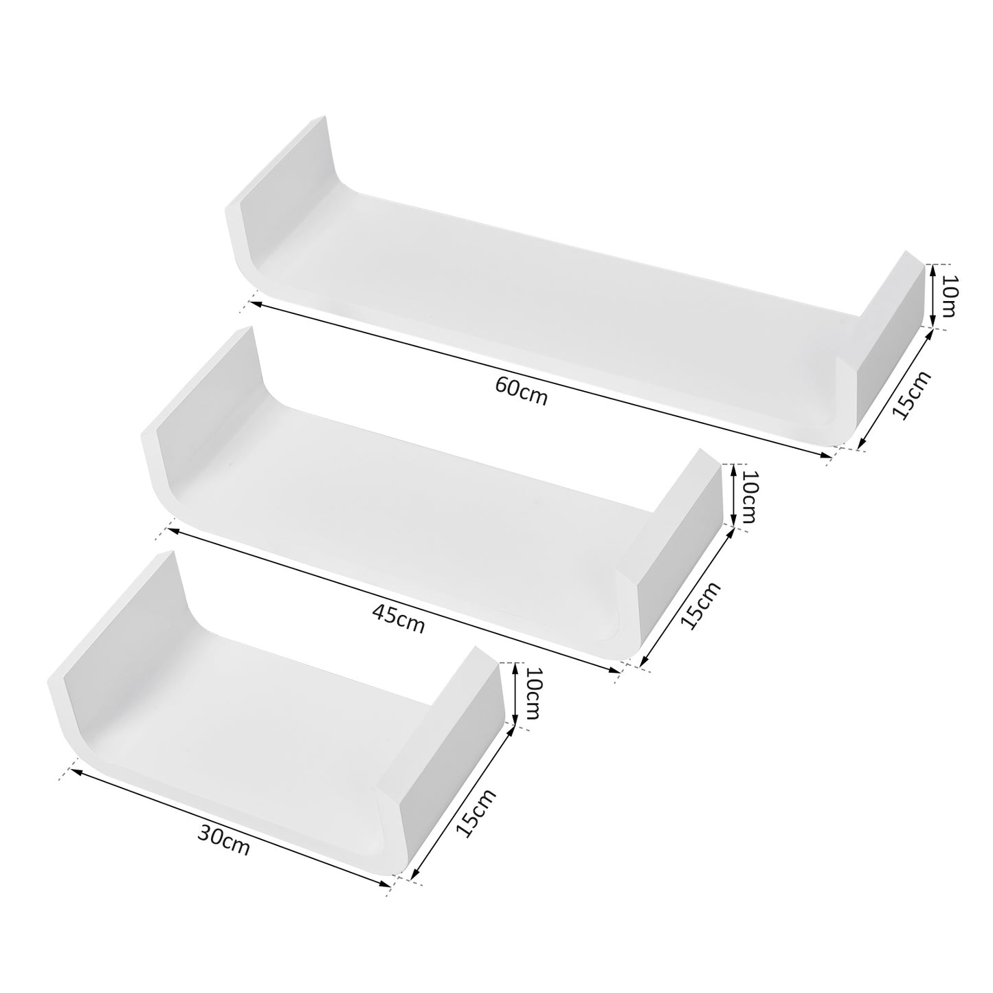 3 Piece U Shaped Shelves Set-White