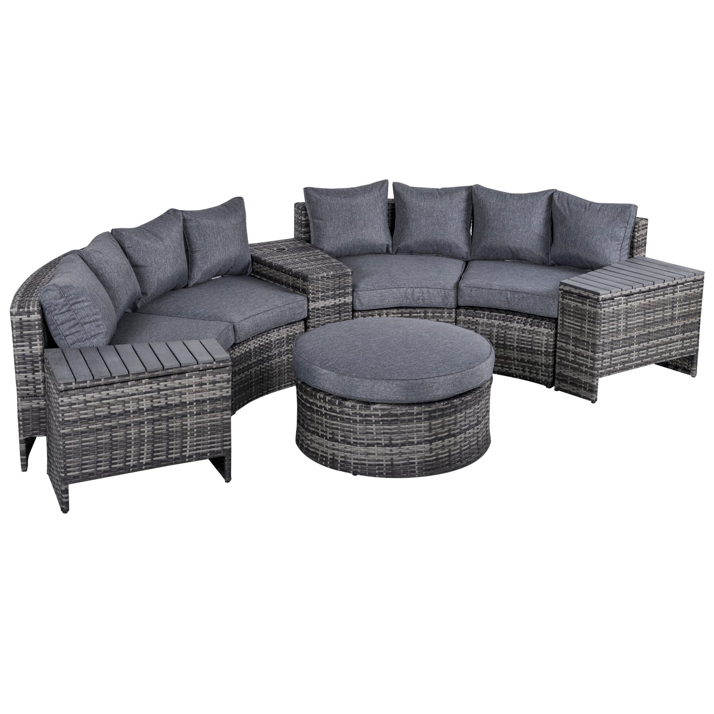 Outsunny 4-Seater Outdoor PE Rattan Wicker Sofa Set Half Round Conversation w/ 1 Umbrella Hole Side Table and 2 Storage Side Tables Grey