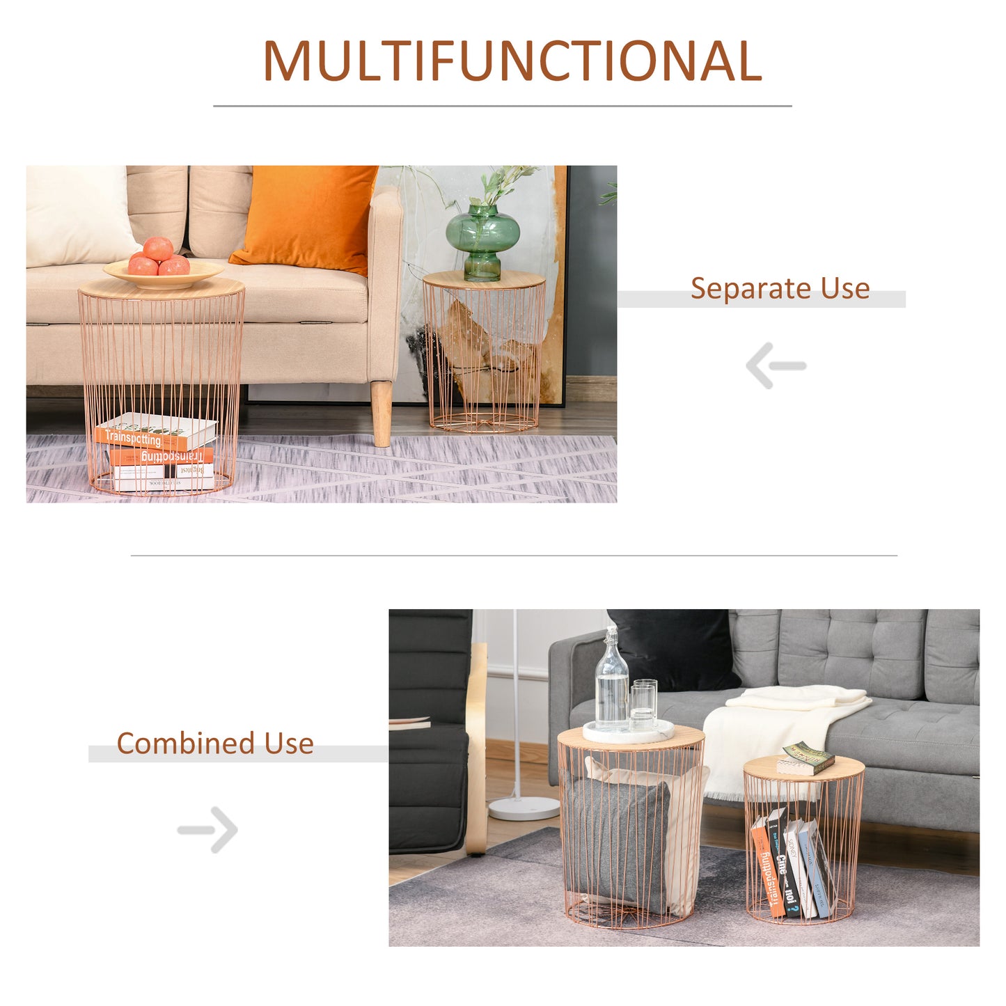 Modern Style 2 Pack Bedside Table W/ Storage Sofa End Side Night Stand Bedroom Living Room - Rose Gold Color Base