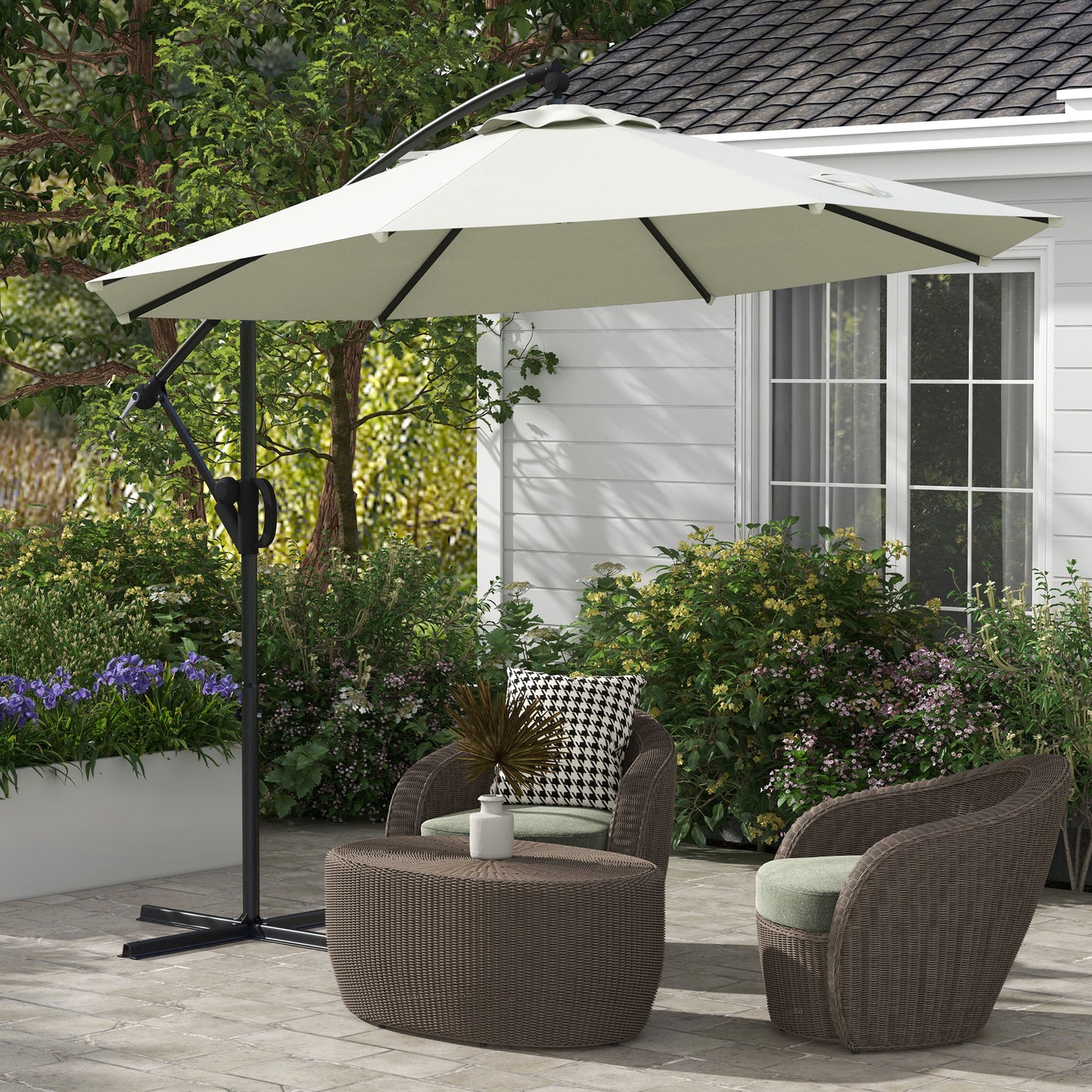 Outsunny 3(m) Cantilever Banana Parasol With Cross Base & Crank Handle, Tilt And 8 Ribs, Round Hanging Patio Umbrella For Outdoors - Cream