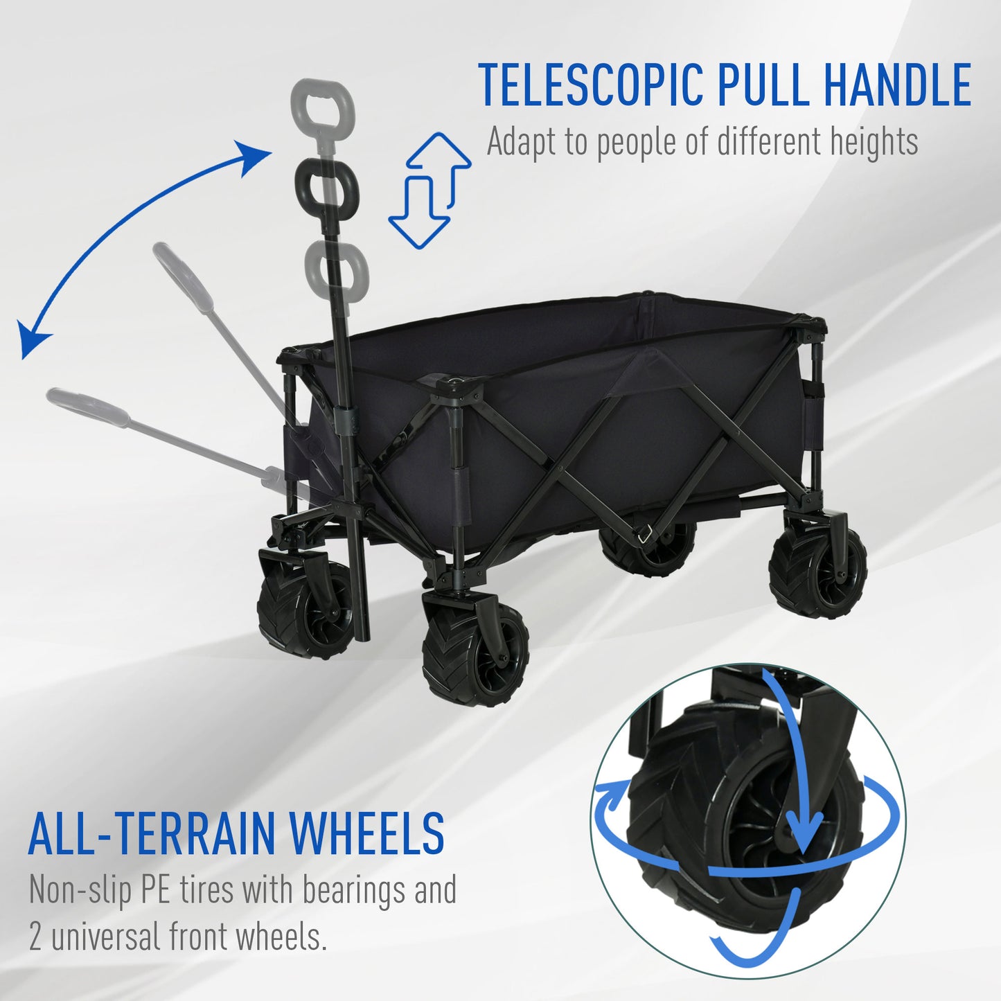 Outdoor Folding Garden Trolley on Wheels, Camping Cargo Wagon Cart Trailer w/ Handle, Wheels for Beach Garden, Black