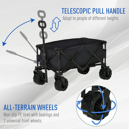 Outdoor Folding Garden Trolley on Wheels, Camping Cargo Wagon Cart Trailer w/ Handle, Wheels for Beach Garden, Black