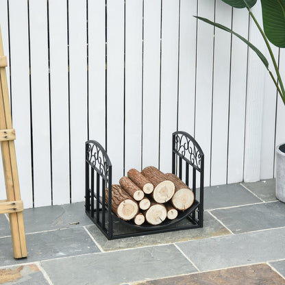 Outsunny Wrought Iron Inner Arced Wood Log Holder Indoor Outdoor Storage Shelf w/ Elegant Scrolls Rust-Resistant Stacker Black