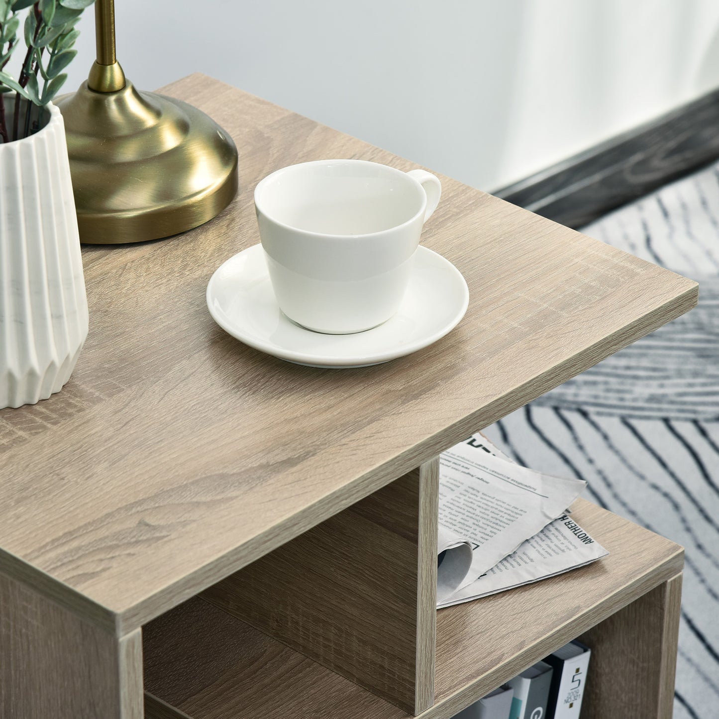 Side Table, 3 Tier End Table with Open Storage Shelves, Living Room Coffee Table Organiser Unit, Set of 2, Oak Colour