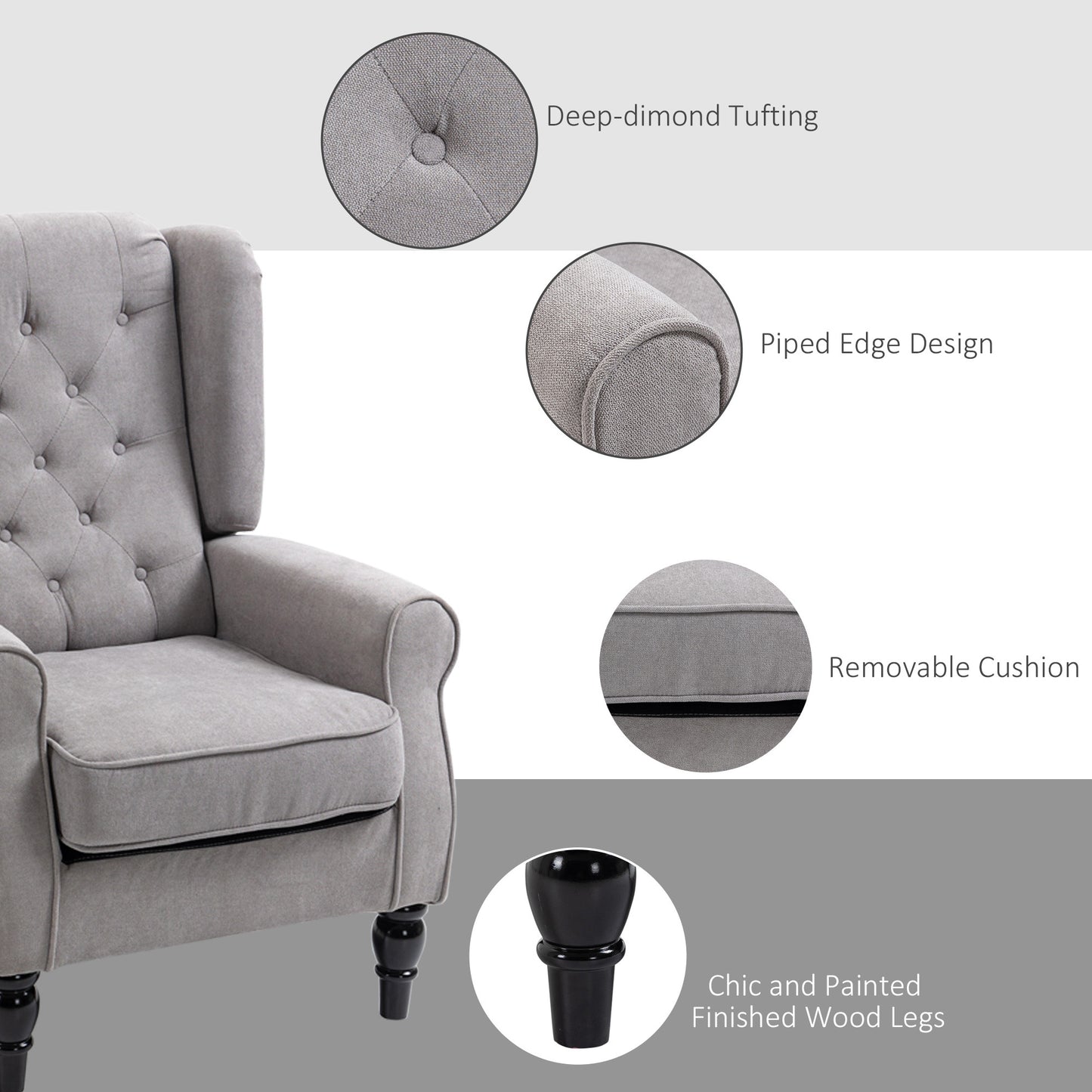 Retro Vintage Style Accent Chair, Wingback Armchair with Wood Frame Button Tufted Design for Living Room Bedroom, Grey