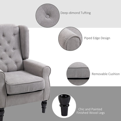 Retro Vintage Style Accent Chair, Wingback Armchair with Wood Frame Button Tufted Design for Living Room Bedroom, Grey