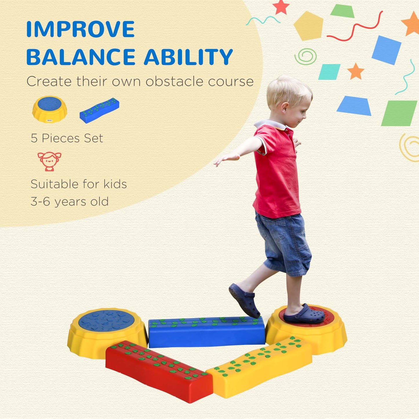 5 Piece Kids Balance Beam, Balance Bridge W/ Non-slip Surface & Bottom, Stackable Stepping Stones for toddler, Strength Coordination Training