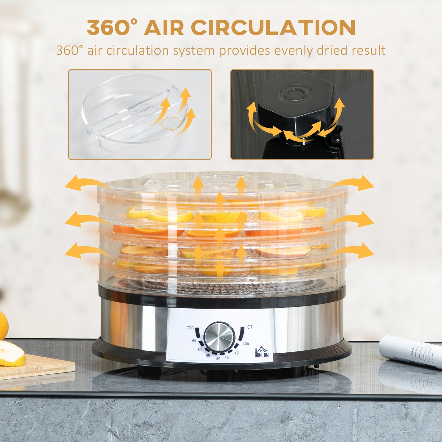 HOMCOM 5 Tier Food Dehydrator, 250W Stainless Steel Food Dryer Machine with Adjustable Temperature for Drying Fruit, Meat, Vegetable, Silver
