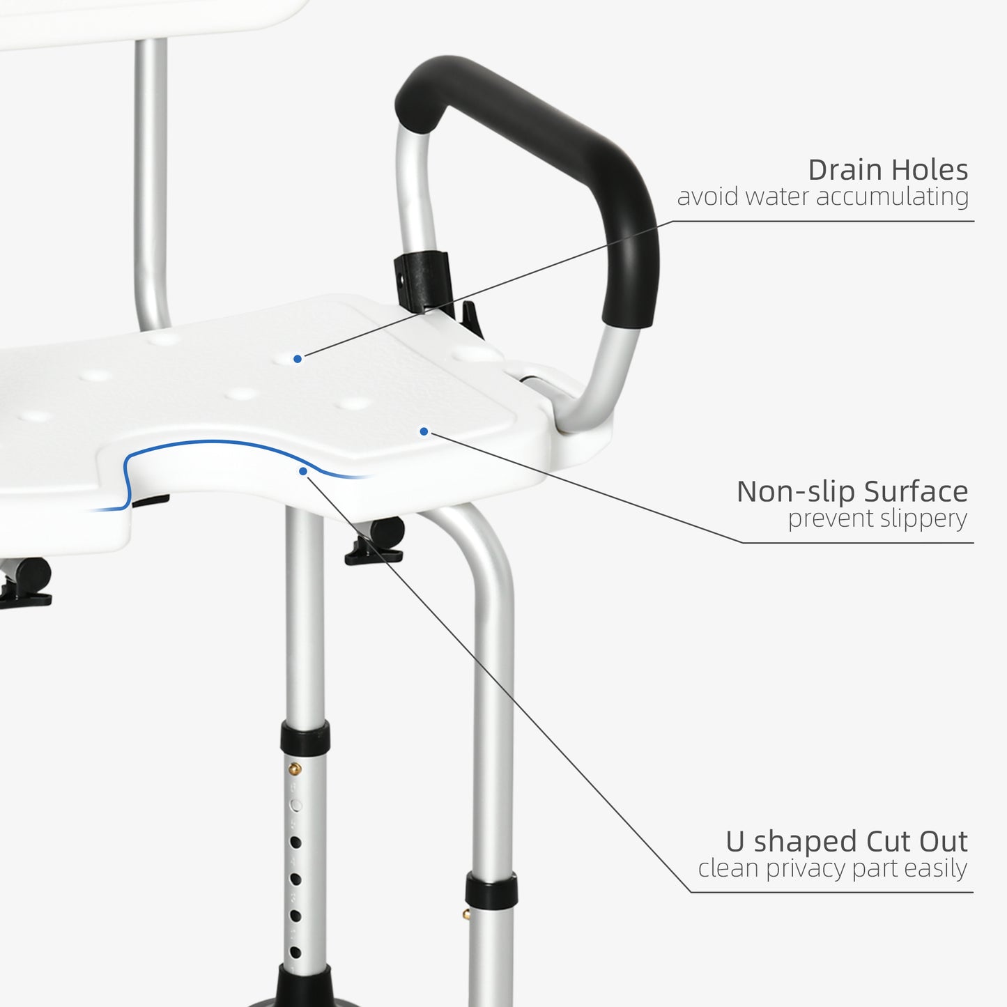 Shower Chair Height Adjustable Bathroom Stool With Back And Flipped Padded Arms And Suction Foot Pads, White