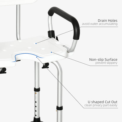 Shower Chair Height Adjustable Bathroom Stool With Back And Flipped Padded Arms And Suction Foot Pads, White