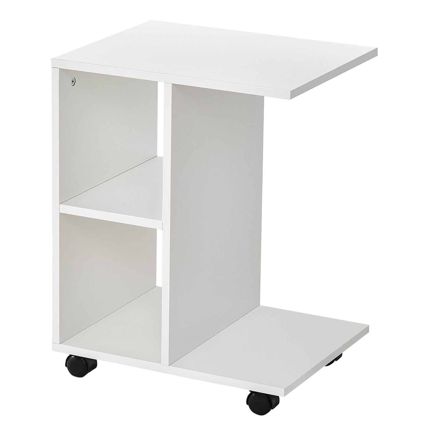 C - Shape End Table Unique Storage Unit w/ 2 Shelves 4 Wheels Freestanding Home Office Furniture Cabinet Square Studio White