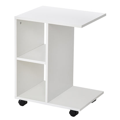 C - Shape End Table Unique Storage Unit w/ 2 Shelves 4 Wheels Freestanding Home Office Furniture Cabinet Square Studio White