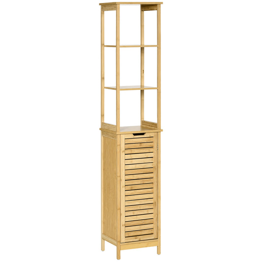 Kleankin Bathroom Floor Cabinet with 3 Shelves and Cupboard, Slim and Freestanding Organiser, Tallboy with Storage, Natural