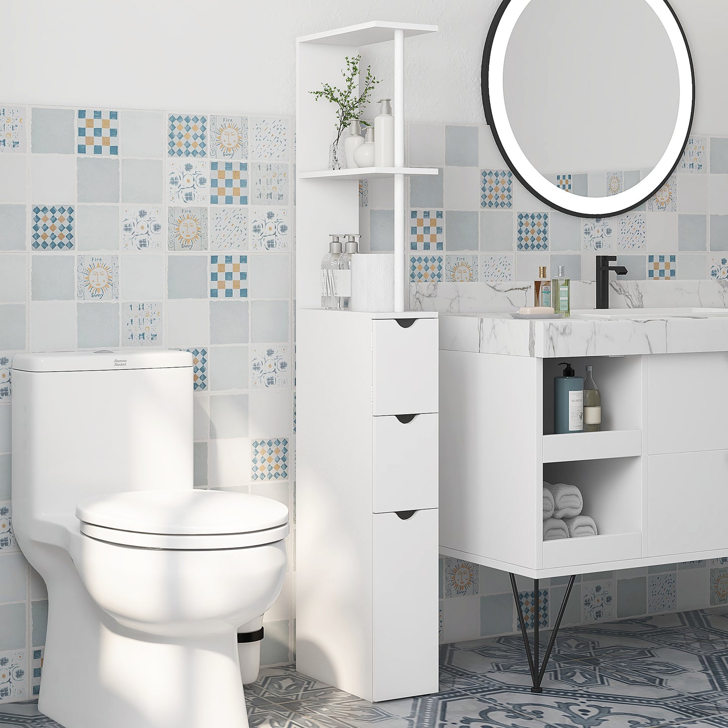 Kleankin Slim Bathroom Storage Cabinet with Drawers, Tall Bathroom Cupboard with 2-Tier Shelf, White