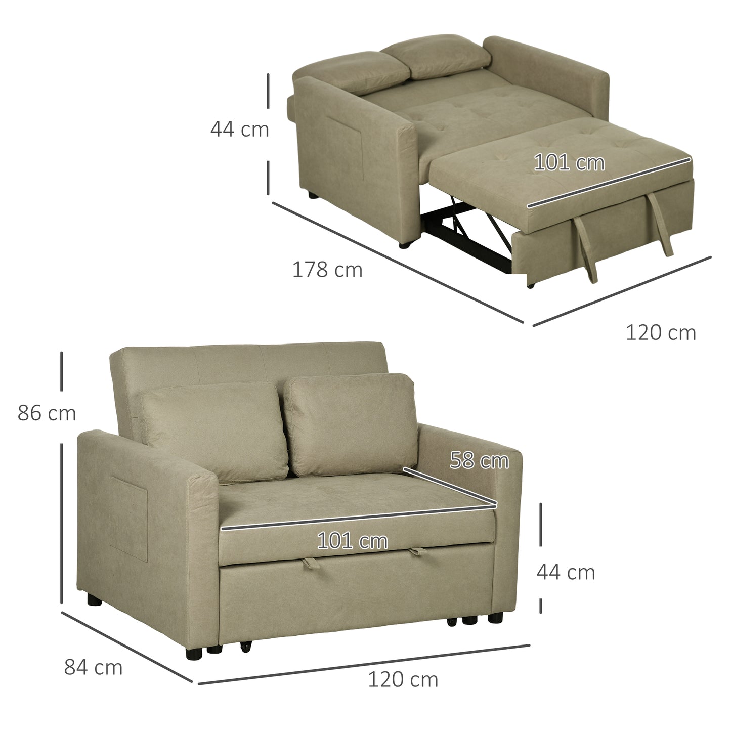 Loveseat Sofa Bed, Convertible Bed Settee with 2 Cushions, Side Pockets for Living Room, Light Brown
