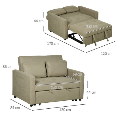 Loveseat Sofa Bed, Convertible Bed Settee with 2 Cushions, Side Pockets for Living Room, Light Brown