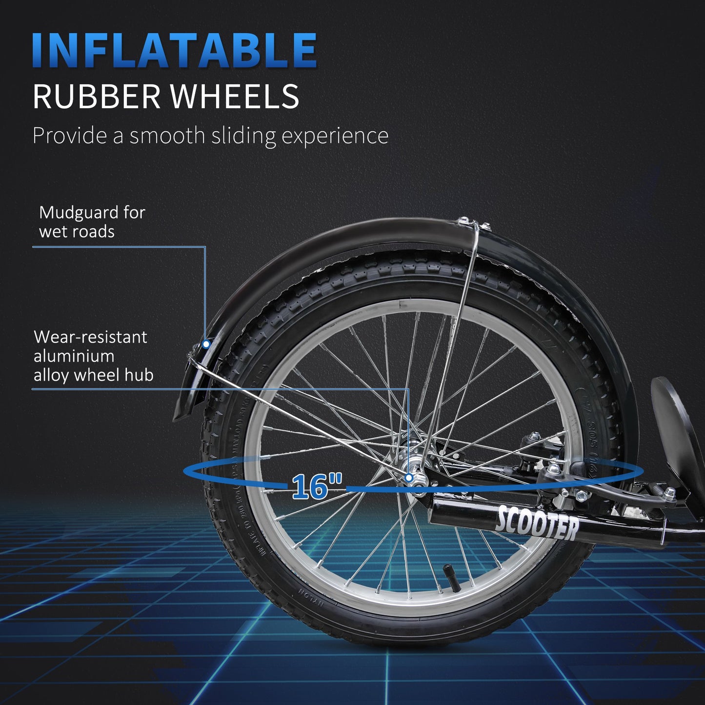 Kids Kick Scooter Teen Ride On Children Scooter with Adjustable Handlebar 2 Brakes Basket Cupholder Mudguard 16" Inflatable Rubber Tyres Blue