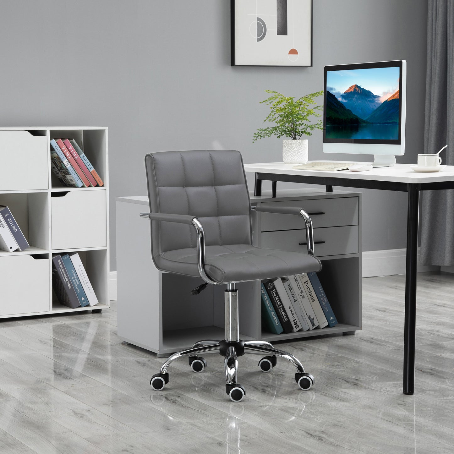 Mid Back PU Leather Home Office Chair | Fixed Armrests | 360° Swivel | 5 Wheels | Height Adjustable 84-99cm | 45x39cm Seat | 120kg | Grey
