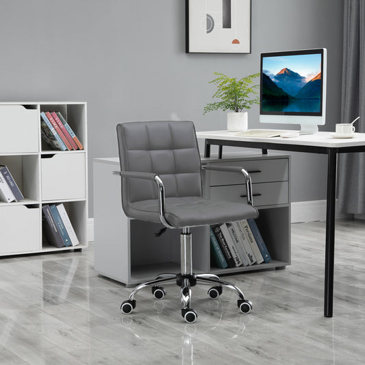 Mid Back PU Leather Home Office Chair | Fixed Armrests | 360° Swivel | 5 Wheels | Height Adjustable 84-99cm | 45x39cm Seat | 120kg | Grey