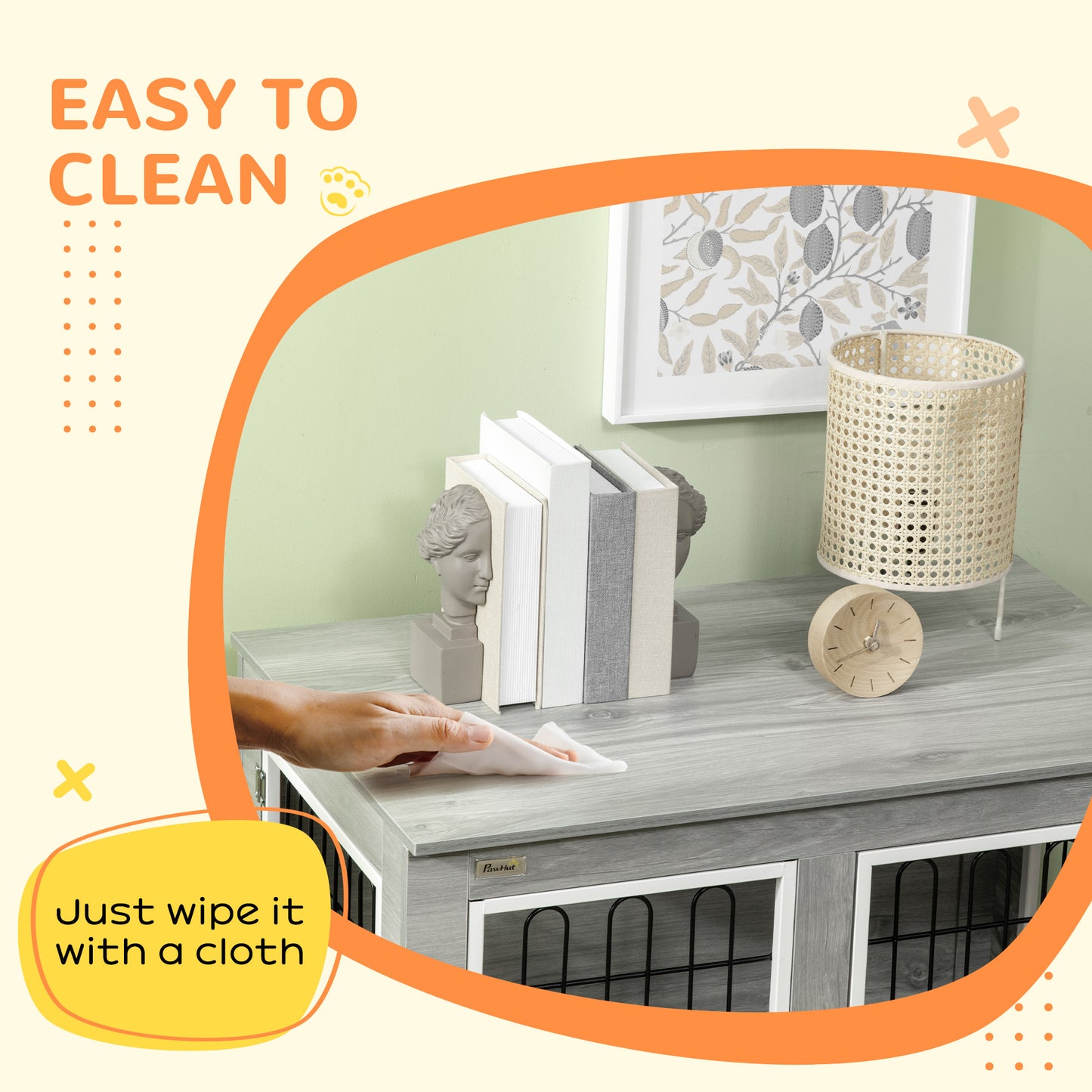Dog Crate Furniture Side Table | Washable Cushion | Wire Mesh | Two Doors | Medium & Large Dogs up to 25kg | 90 x 58 x 65cm | Grey & White