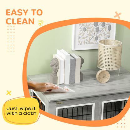 Dog Crate Furniture Side Table | Washable Cushion | Wire Mesh | Two Doors | Medium & Large Dogs up to 25kg | 90 x 58 x 65cm | Grey & White