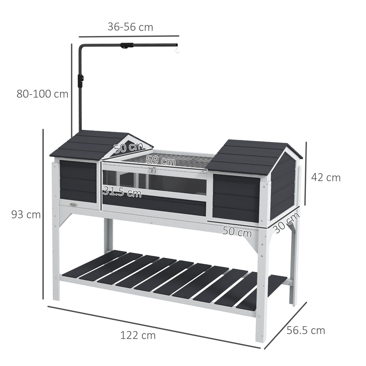 PawHut Wooden Tortoise Enclosure with Adjustable Lamp Holder, Openable Lid, Dual Main Houses, Storage Shelf, Fixed Tray - Grey