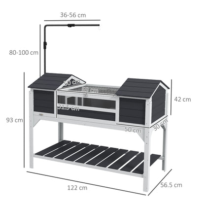 PawHut Wooden Tortoise Enclosure with Adjustable Lamp Holder, Openable Lid, Dual Main Houses, Storage Shelf, Fixed Tray - Grey