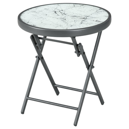 Outsunny Φ45cm Outdoor Side Table, Round Folding Patio Table with Imitation Marble Glass Top, Small Coffee Table, White