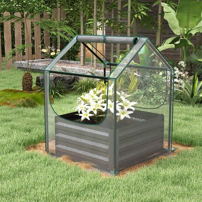 Outsunny Metal Planter Box with Cover, Raised Garden Bed with Greenhouse, for Herbs and Vegetables, Clear and Dark Grey
