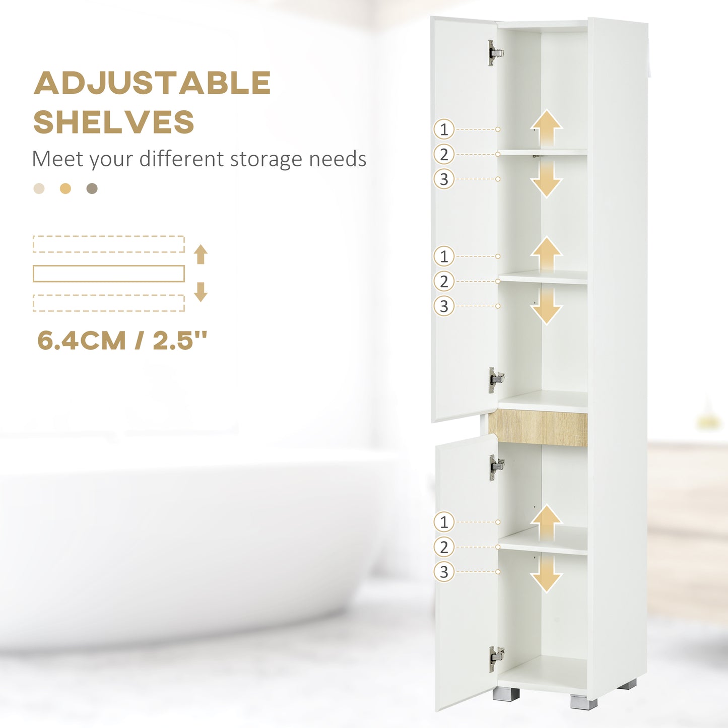 Kleankin Tall Bathroom Cabinet with Adjustable Shelves, 5-Tier Modern Freestanding Tallboy with Storage Cabinets, White