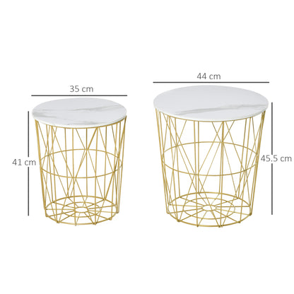 Set of 2 Nesting Side Tables With Storage, Round End Tables Coffee Tables With Steel Frame and Removable Round Top, White