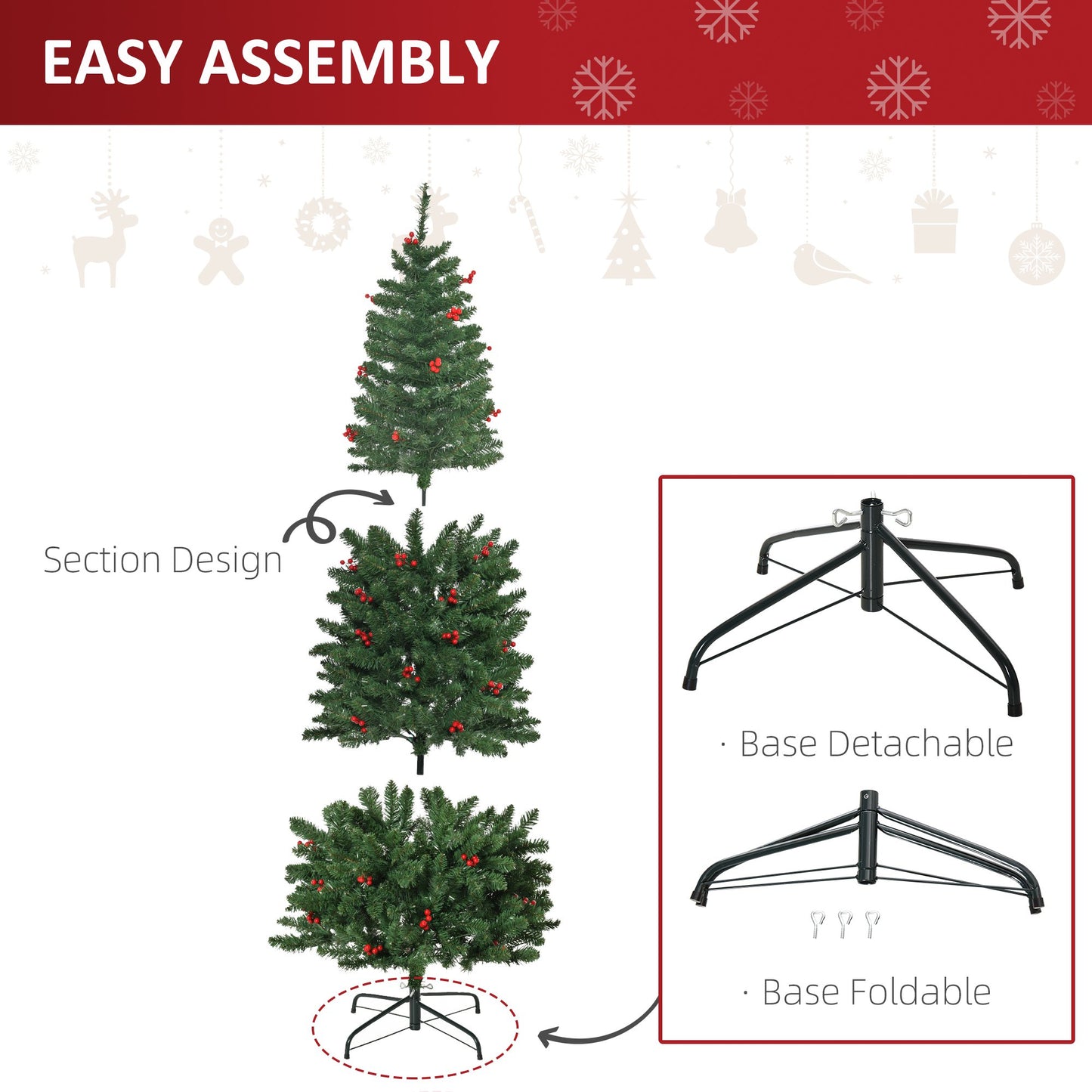 6FT Prelit Artificial Pencil Christmas Tree With Warm White LED Light, Red Berry, Holiday Home Decoration, Green