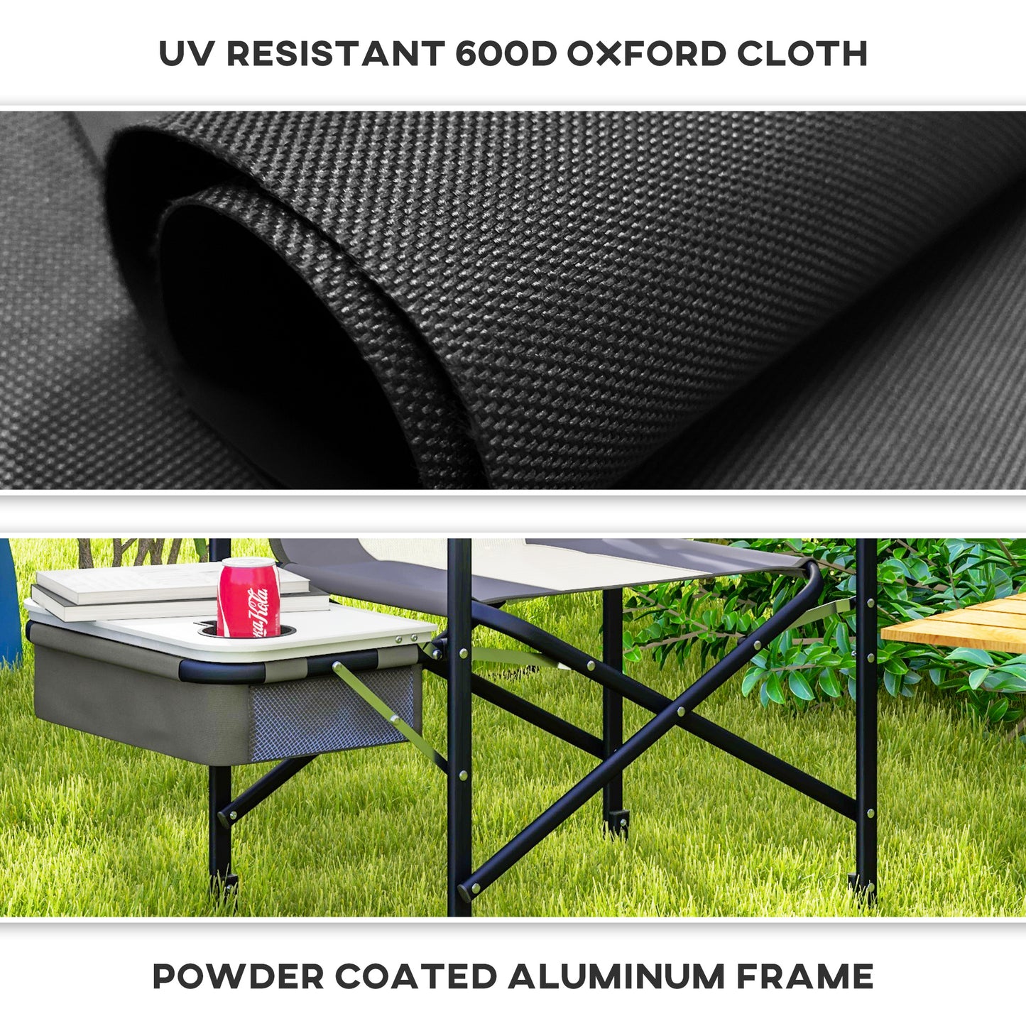 Outsunny Aluminium Directors Chair, Folding Camping Chair for Adults with Side Table, Cup Holder, Cooler Bag and Pocket, Grey