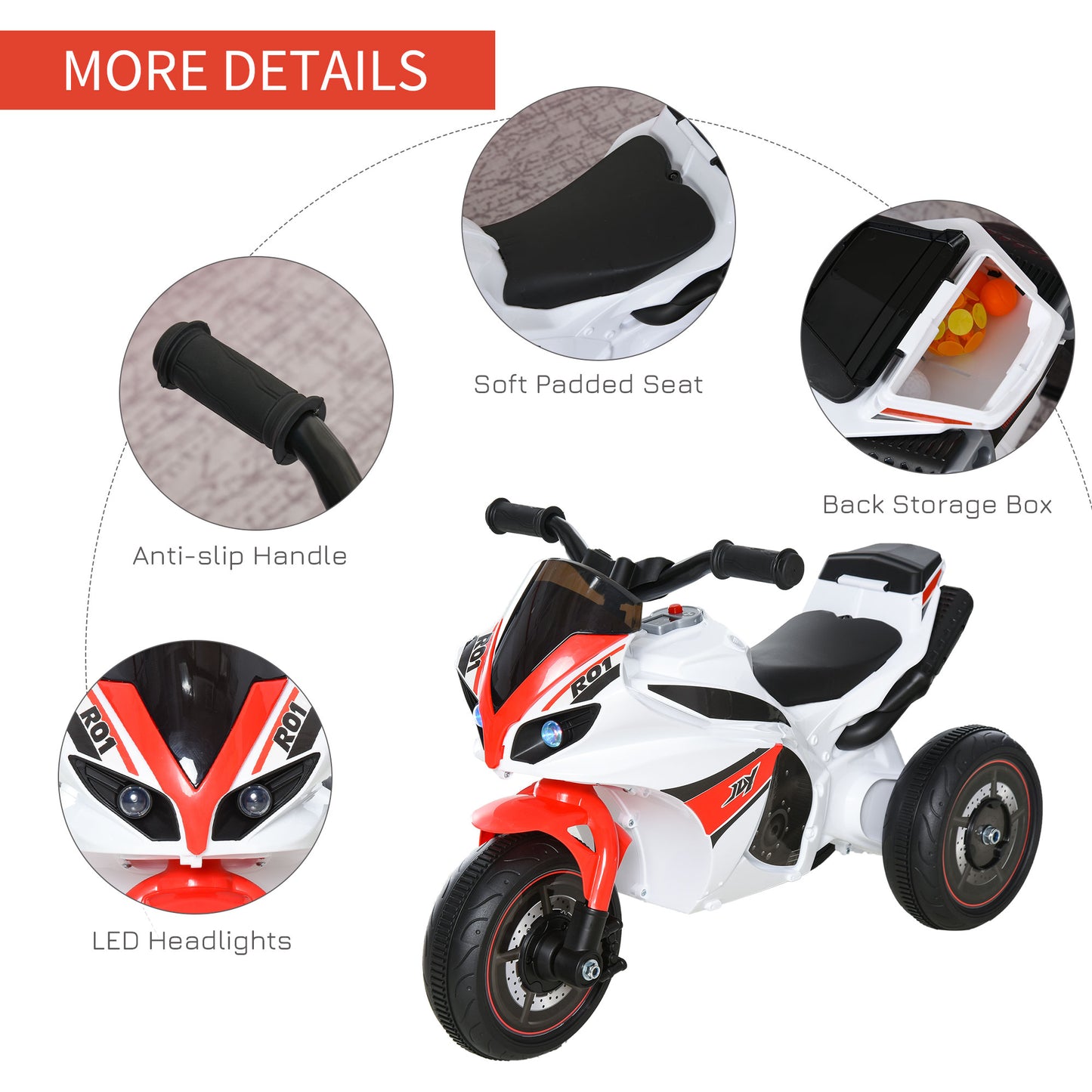 Kids Ride-On Police Bike 3-Wheel Vehicle w/ Music Lights Safe Seat Handlebars Toddler Child Learning Fun Development 18-36 Months White