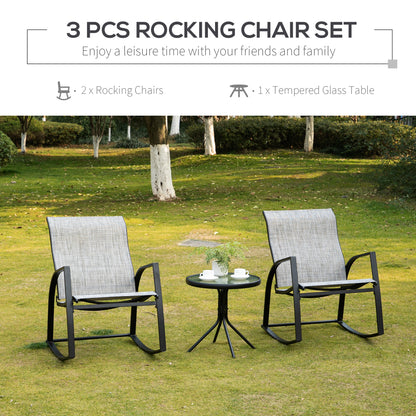 Outsunny 3 Piece Outdoor Patio Bistro Set w/ 2 Rocking Chairs and Tempered Glass Table for Garden, Porch, Poolside, Grey