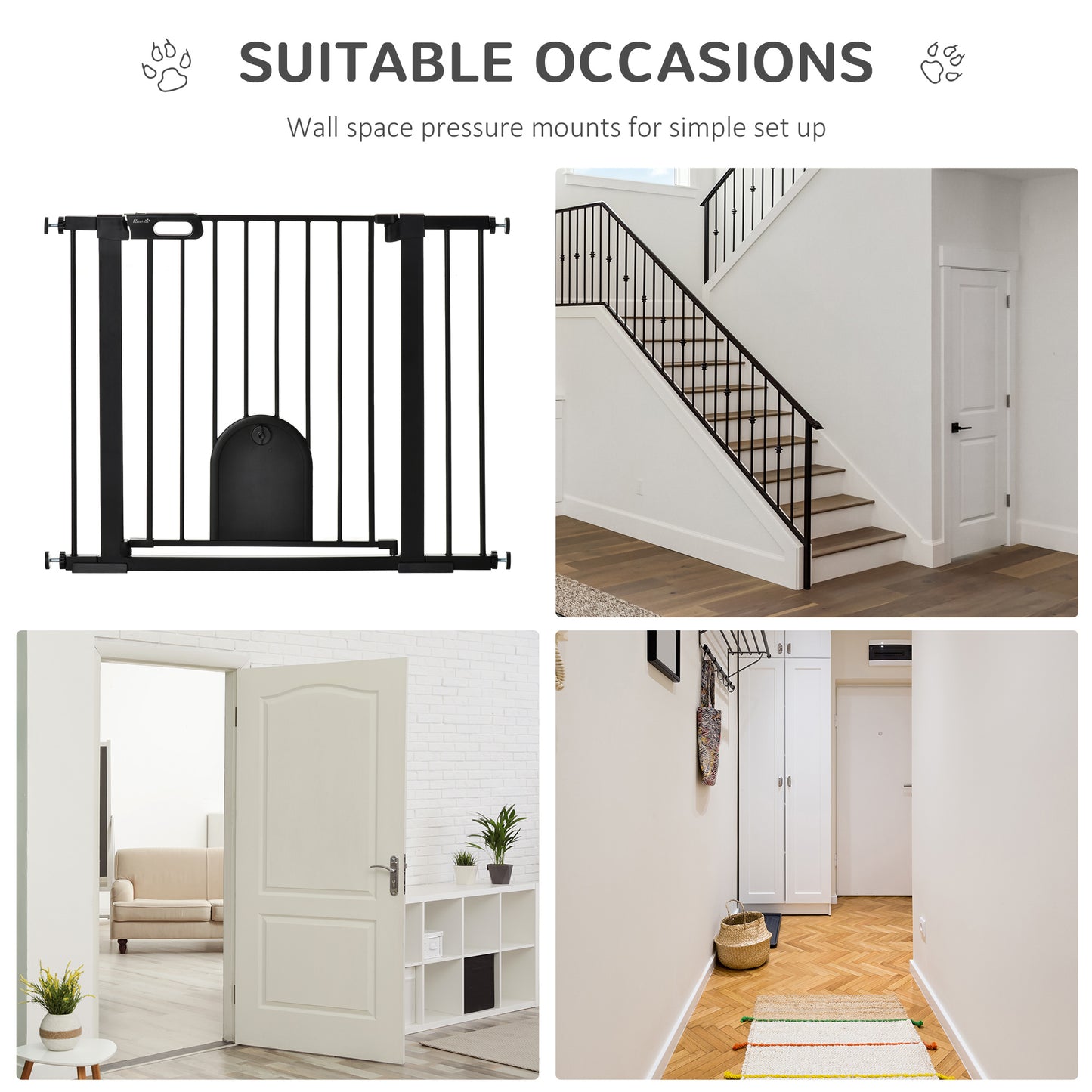 PawHut 75-103 cm Extra Wide Pet Safety Gate Barrier, Stair Pressure Fit, w/ Small Door, Auto Close, Double Locking, for Doorways, Hallways, Black
