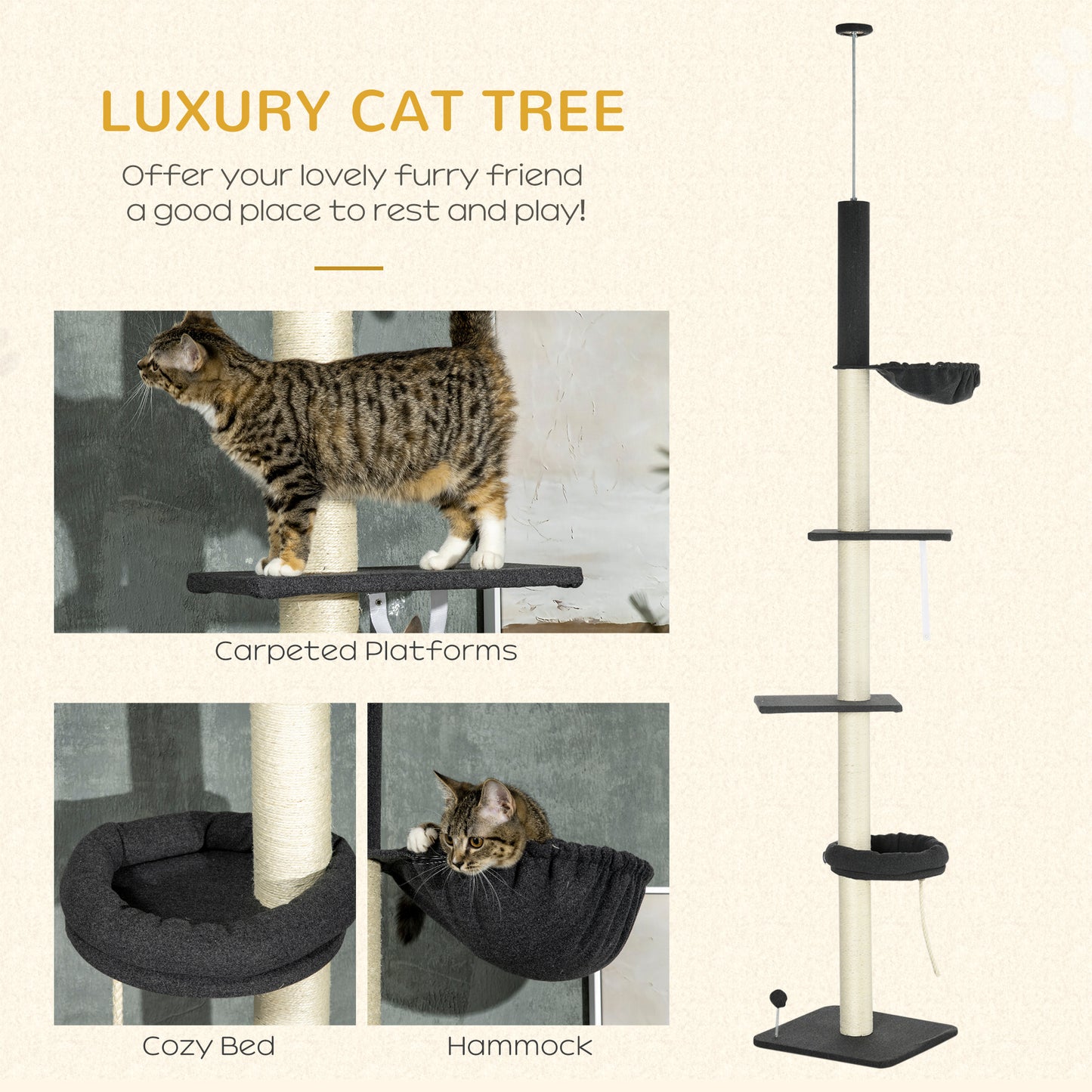 PawHut Floor To Ceiling Cat Tree, 5-Tier Height Adjustable Cat Climbing Tower with Scratching Post, Hammock, Bed for Indoor Cats, 240-270cm, Black
