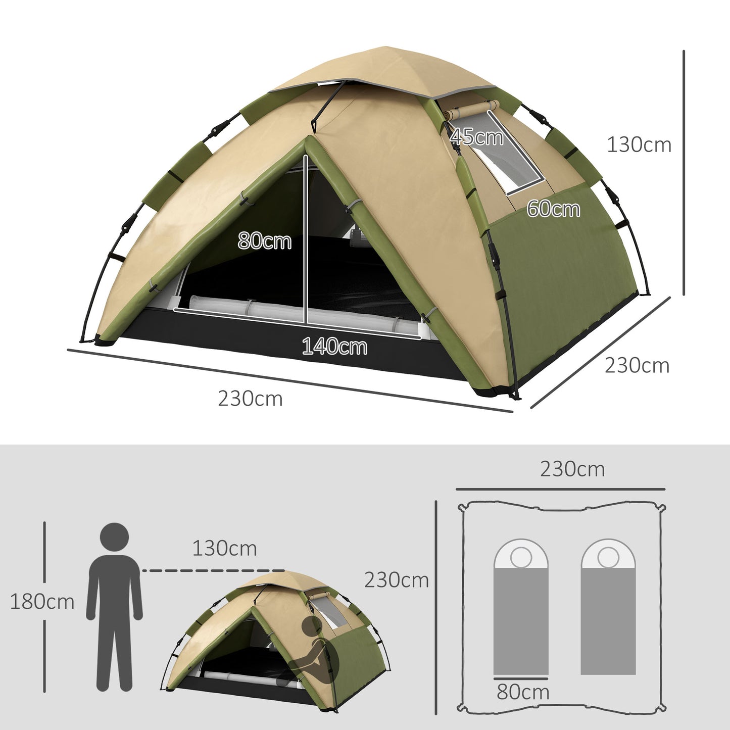 Outsunny 3-4 Man Camping Tent, Family Tent, 2000mm Waterproof, Portable with Bag, Quick Setup, Dark Green