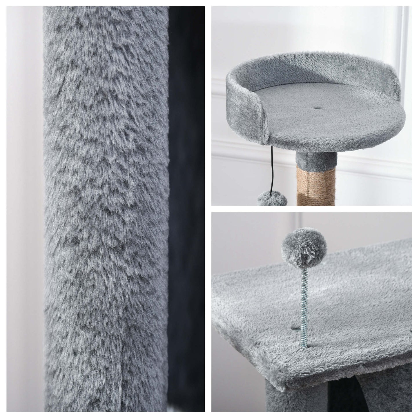 PawHut Cat Tree Tower 142cm Climbing Kitten Activity Centre with Jute Scratching Post  Board Perch Roomy Condo Removable Felt Hanging Toy, Grey