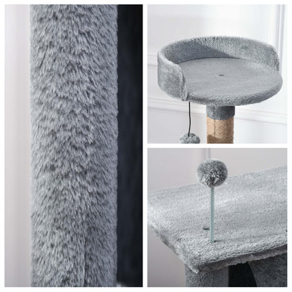 PawHut Cat Tree Tower 142cm Climbing Kitten Activity Centre with Jute Scratching Post  Board Perch Roomy Condo Removable Felt Hanging Toy, Grey